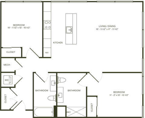Floor plan for 2 beds, 2 baths, 1089 sqft